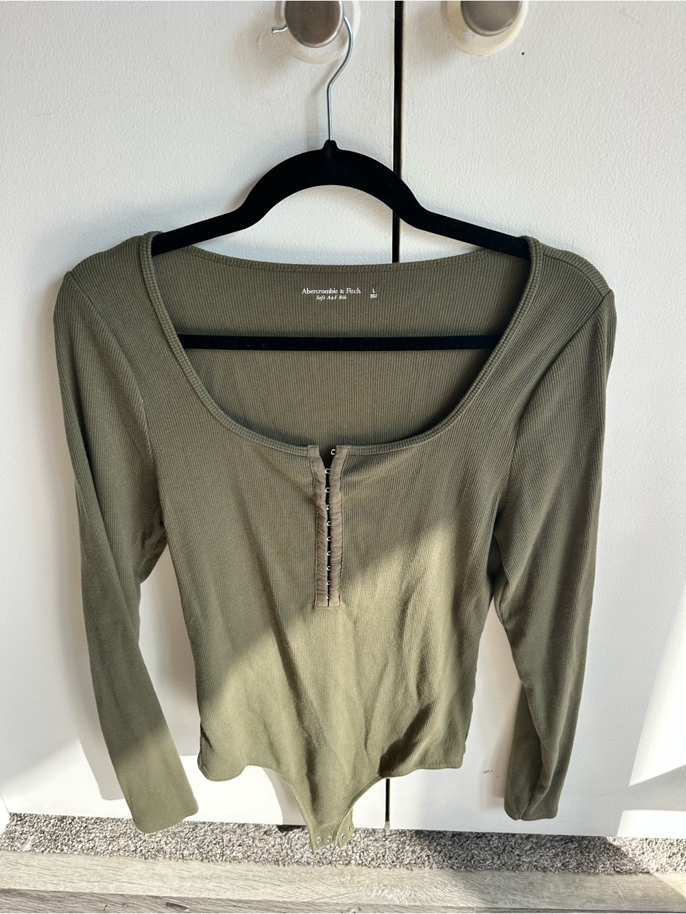 Abercrombie & Fitch Olive Green Ribbed Long-Sleeve Henley Bodysuit